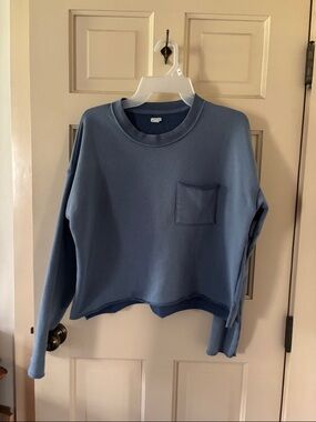 aerie Dusty Blue Crewneck Sweatshirt with Chest Pocket cropped
